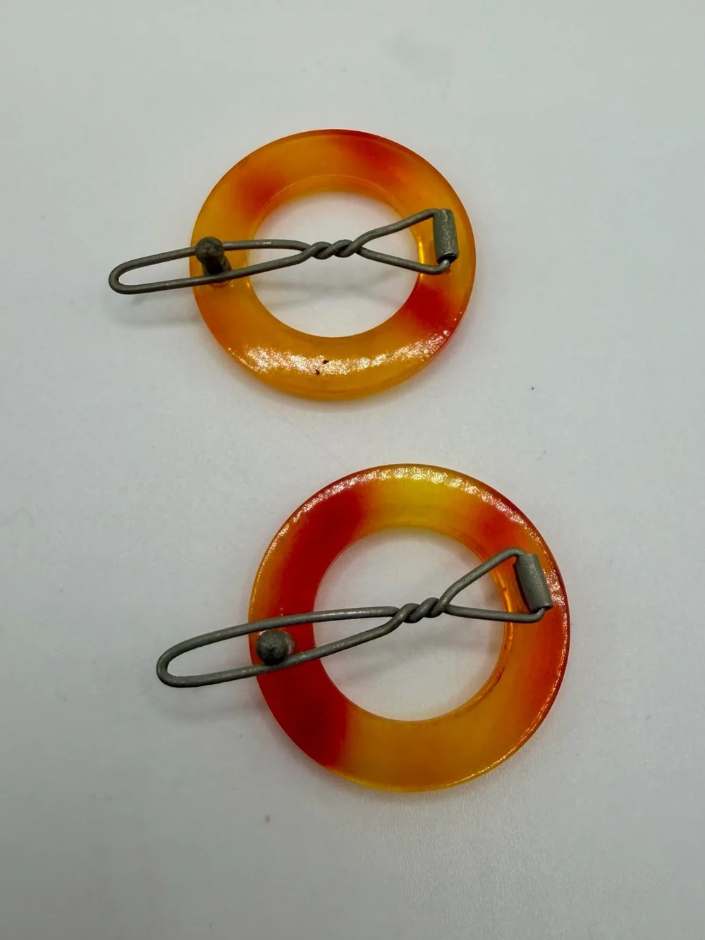 Vtg Art Deco Celluloid Barrettes Amber Orange 1930s Pair 2 Round Faux Tortoise